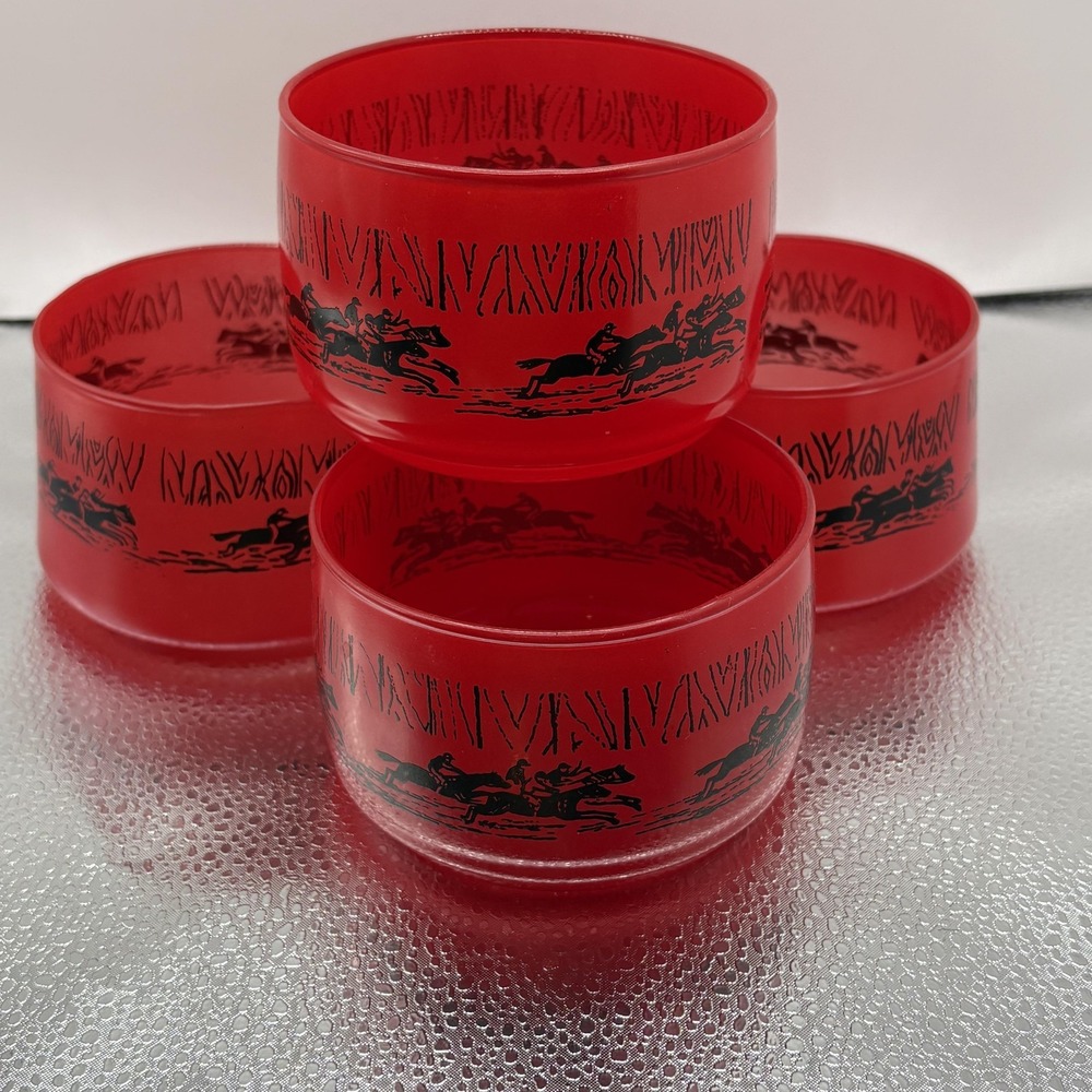 Set of 4 Vtg MCM Frosted Red Satin Glass Bowls Horse Racing Hazel Atlas Style